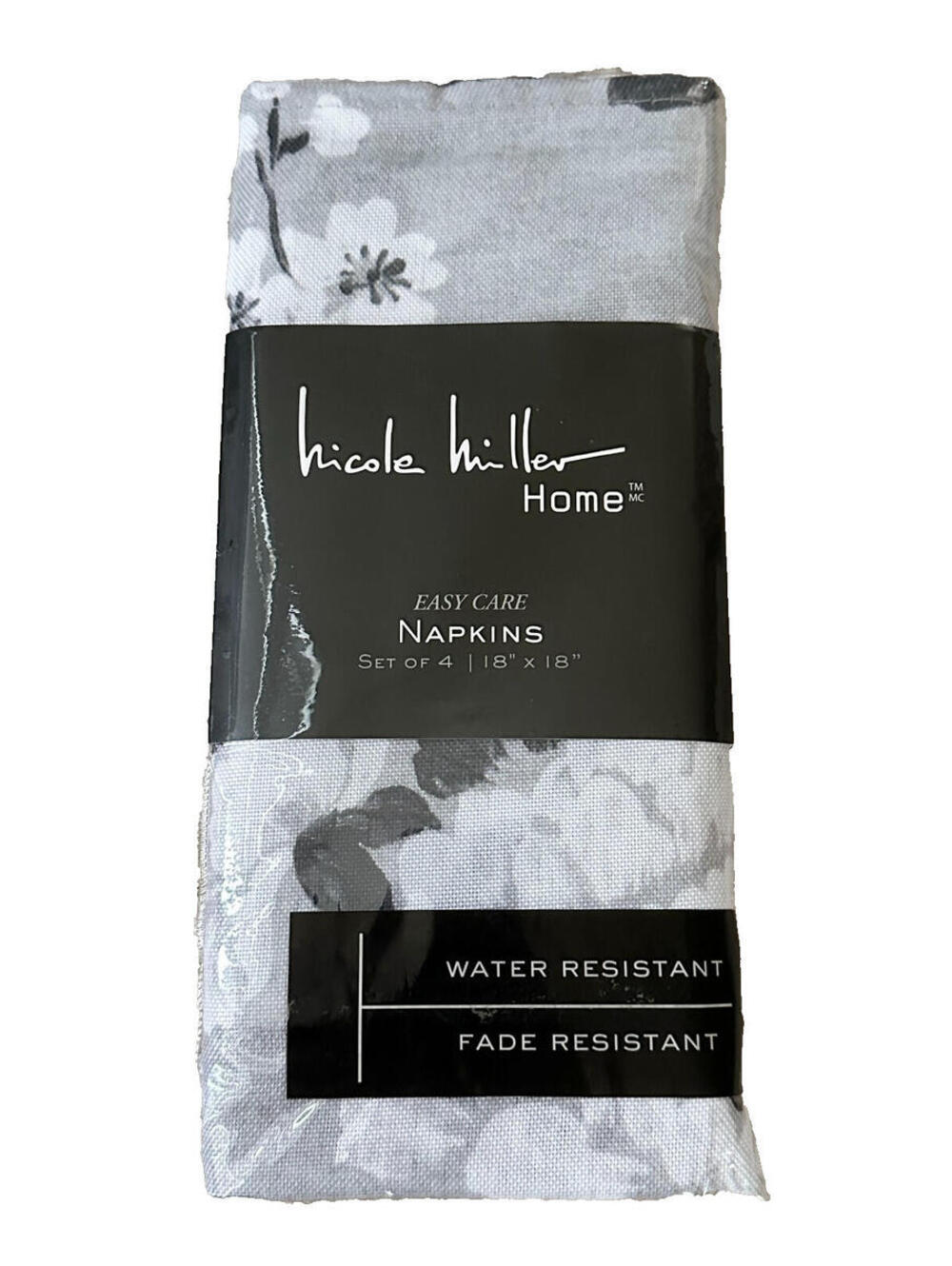 NWT Nicole Miller 4-Pc Gray Floral Maxine Napkin Set of 4 Square 18" Waterproof